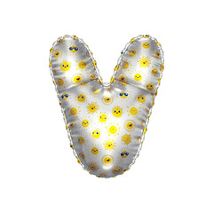 3D inflated balloon letter V with metalic chrome surface and yellow sun smiley childrens pattern