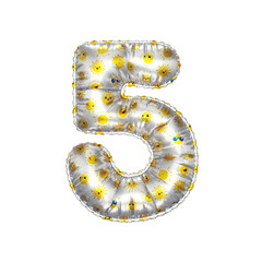 3D inflated balloon Number 5 with metalic chrome surface and yellow sun smiley childrens pattern