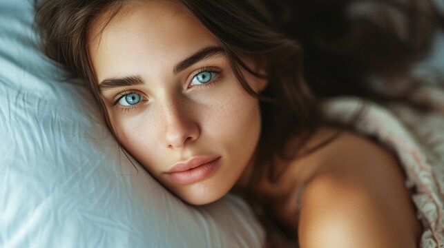 An intimate image of an attractive girl lying on the bed.