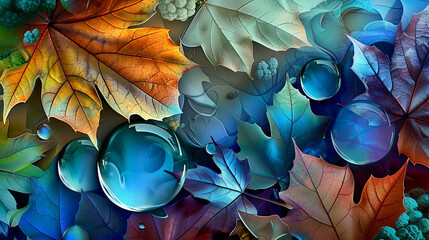 Abstract nature pattern blue green yellow leaves, AI Generative.