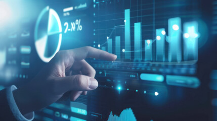 This image captures a hand interacting with futuristic financial graphs and stock market data presented digitally