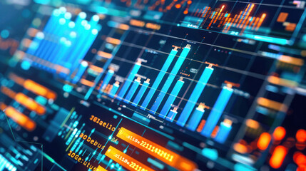 A vibrant image of abstract financial data analytics with colorful charts and digital graphs - obrazy, fototapety, plakaty