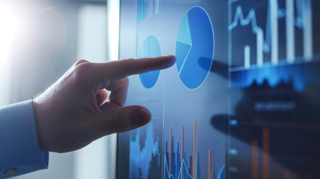 Professional analyzing statistical data on a touch-activated futuristic interface with various charts