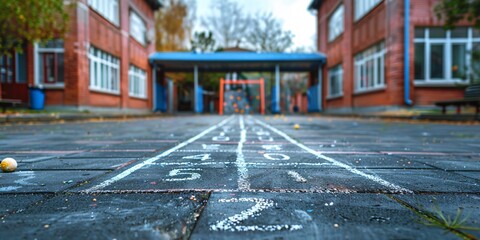 Jumping game played by children on a chalk-marked asphalt playground, representing youthful innocence and enjoyment during recess or after school.