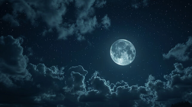 A full moon glowing brightly in the night sky, partially obscured by wispy clouds drifting lazily across the heavens, creating a mystical and serene scene.
