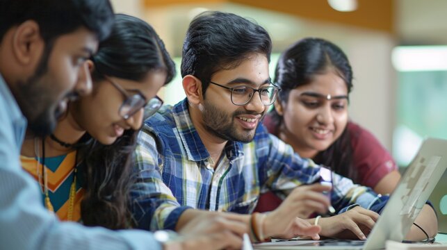 Collaborative Indian team viewing laptop screen.