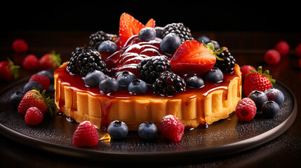 A vibrant fruit tart adorned with assorted berries and