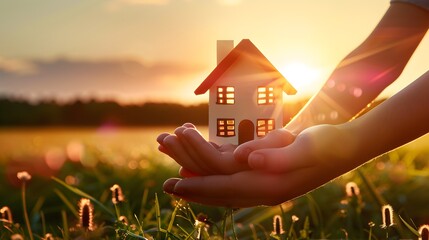 Real estate acquisition symbolized by hands holding a small house against the backdrop of sunlight, Ai Generated - obrazy, fototapety, plakaty