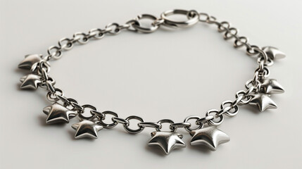 Delicate charm bracelet adorned with miniature silver hearts and stars on a transparent background.