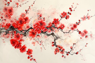 Springtime plum blossom depicted in a traditional Eastern painting style.