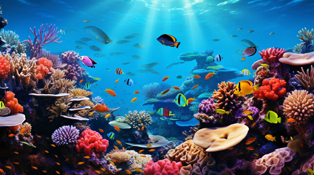 A vibrant coral reef with colorful fish and marine lif