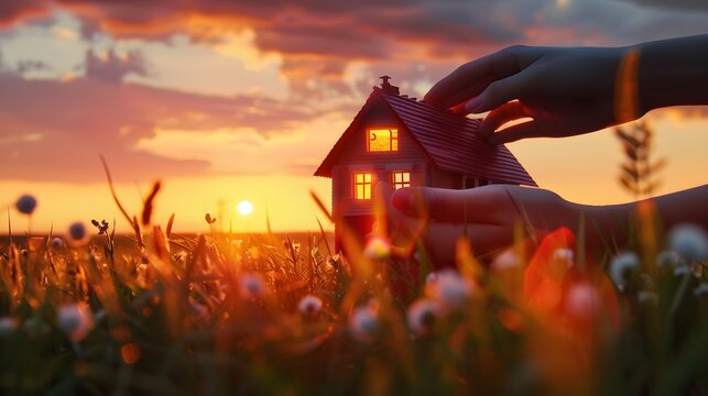 A small wooden house in the hands of a woman A symbol of your warm home with a sunset in the background