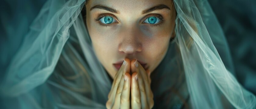 Biblical Character - Photo of a praying woman with blue eyes wearing a veil