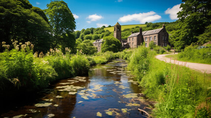 Fototapeta na wymiar A view down Hebden Beck past an old mill on the outski