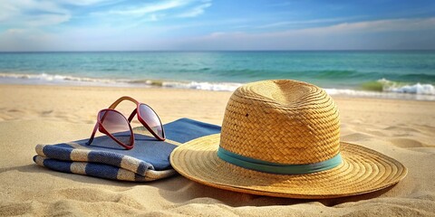 Straw Hat, Towel, Sun Glasses, and Flip Flops on Beach