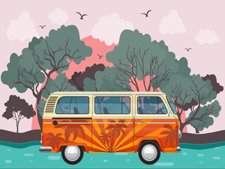 An orange vintage van is traveling through a big forest, a background of trees.