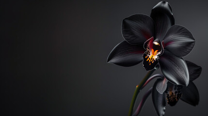 Beautiful Black Orchids on Dark Background, Banner Suitable For Funeral Ceremony