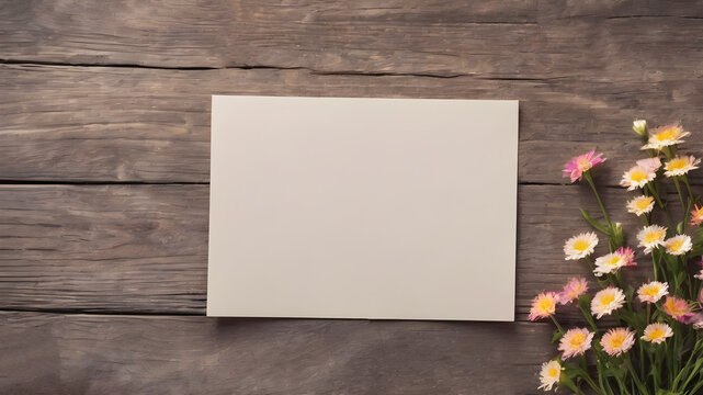 wooden background with flowers with paper note empty space for greeting message.  Love and greeting concept design. AI generated image, ai