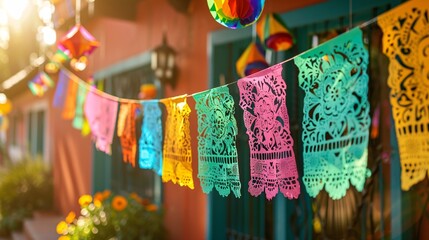 Traditional festive Mexican paper pennants used for decorations in Mexico.