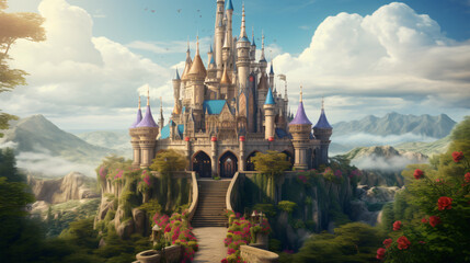 A whimsical fairy tale castle with towers and battleme - obrazy, fototapety, plakaty