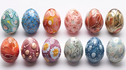 A depiction of a variety of Easter eggs on a blank backdrop.