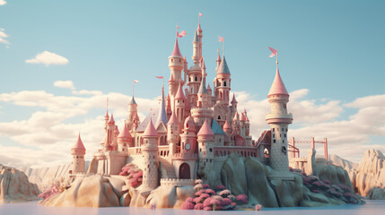 A whimsical fairy tale castle with towers and battleme - obrazy, fototapety, plakaty