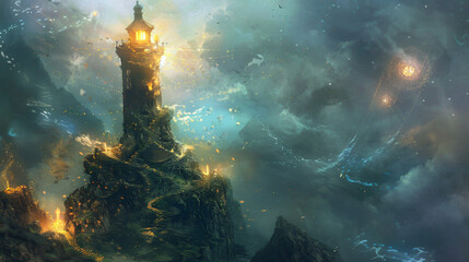 A wizards tower surrounded by swirling mists - obrazy, fototapety, plakaty