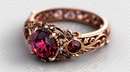 Glittering ruby ring set in a delicate filigree rose gold band on a transparent background.