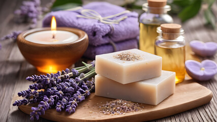 Obraz na płótnie Canvas Natural soap and lavender for bath and spa. Hygiene concept. AI generated image, ai.