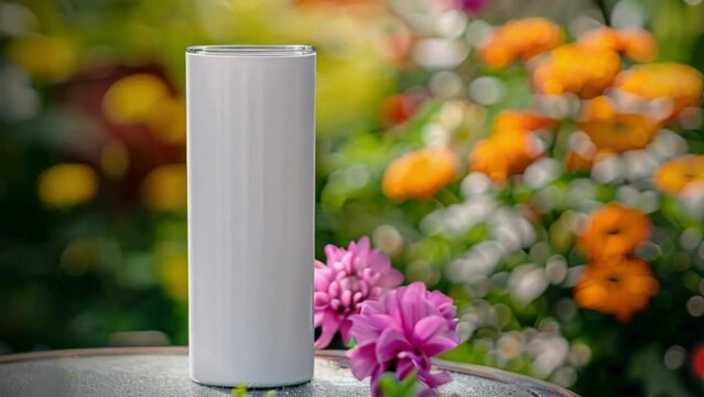 Mock up of a white color 20oz Straight Skinny Tumbler includes a lid on wooden table in flower Garden background, tumbler mockup