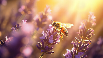 a bee flying around lavender in the sun, in the style of light yellow and light magenta, sunrays shine upon it, magewave, light amber and indigo, exacting precision, kimoicore, working-class empathy  - obrazy, fototapety, plakaty