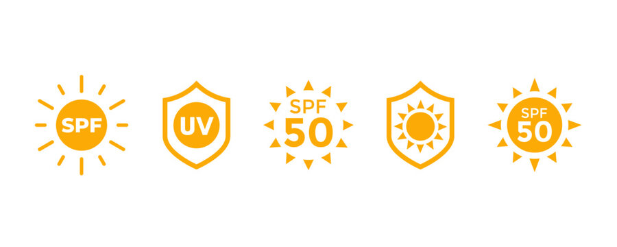 SPF, sun block icons, protect from uv radiation vector labels with shield
