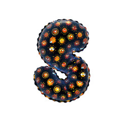 3D inflated balloon letter S with black surface and yellow/orange sun smiley childrens pattern