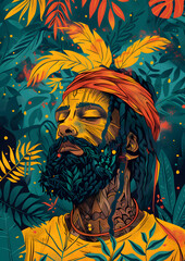 Illustration of a man with dreadlocks and a beard in a mural painting