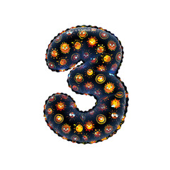 3D inflated balloon Number 3 with black surface and yellow/orange sun smiley childrens pattern
