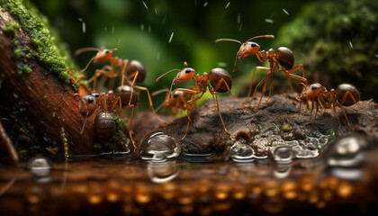 Ant colony on wet leaf in green forest 