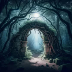 Poster Mystical stone gateway, inviting the path toward the dark enchanted forest  © robfolio