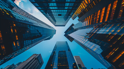 Upward Perspective Of Towering Skyscrapers Against A Clear Blue Sky - obrazy, fototapety, plakaty