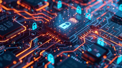 Obraz premium Digital Fortress Network Server Motherboard with Data Flow Lights and Security Locks