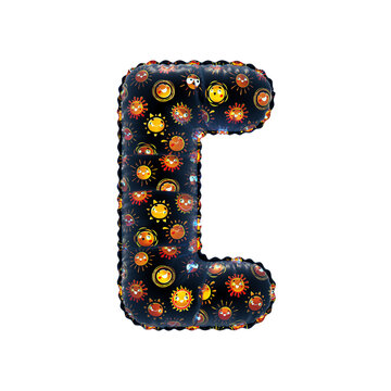 3D inflated balloon Square Brackets Symbol/sign with black surface and yellow/orange sun smiley childrens pattern
