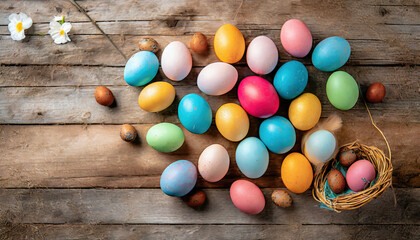Fototapeta na wymiar Multitude of colored Easter eggs on wooden surface 