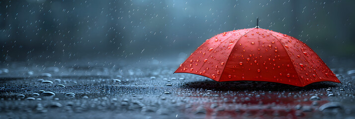 Rainy Day Concept Red Umbrella in 3D Render,
Horizontal shot of a red umbrella in rain being alone at rain 3d illustrated
