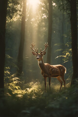 A deer with antlers stands in a forest with sunlight shining through the trees
