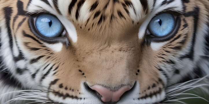A tiger with blue eyes staring intently at the camera