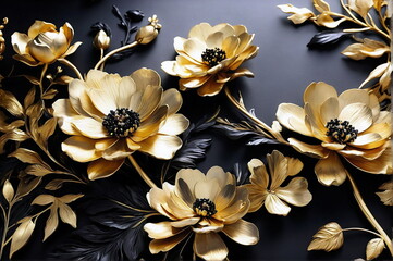 Beautiful flowers black gold mettalic illustration. Aesthetics floral Art poster. Floral card.
