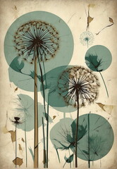 Abstract Mid-century vintage fine art floral background beige green black colors . Dandelions wall art, Poster. Minimal Flowers wall art. Floral card.