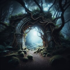 Mystical stone gateway, inviting the path toward the dark enchanted forest
