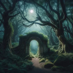 Foto auf Acrylglas Mystical stone gateway, inviting the path toward the dark enchanted forest  © robfolio