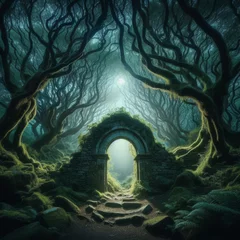 Foto op Plexiglas anti-reflex Mystical stone gateway, inviting the path toward the dark enchanted forest  © robfolio