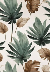 Watercolor leaves pattern green beige neutral colors on beige background. Floral illustration. Poster